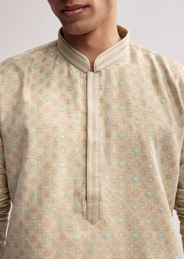 Beige Jacquard Kurta Set For Men With Subtle Weave