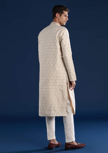 Beige Jacquard Mens Kurta and Pant Set