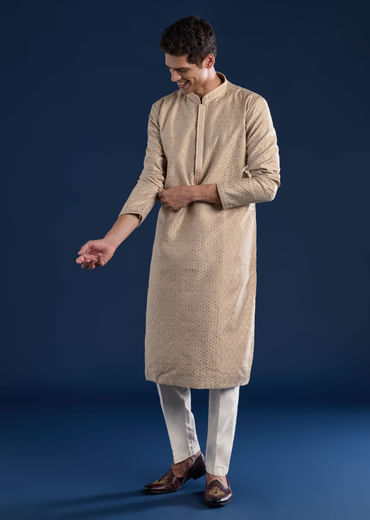 Beige Jacquard Mens Kurta Set