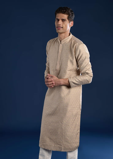 Beige Jacquard Mens Kurta Set