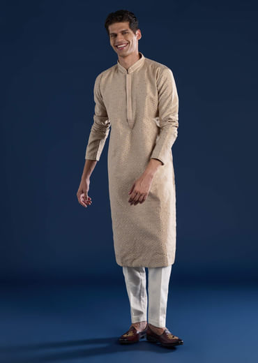 Beige Jacquard Mens Kurta Set