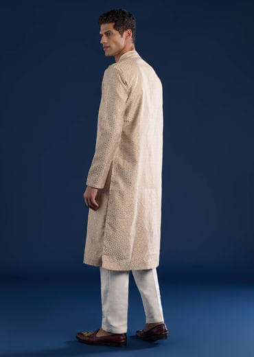 Beige Jacquard Mens Kurta Set