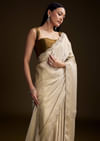Beige Jacquard Saree With Zardosi And Mirror Embroidery
