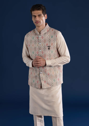 Beige Jacquard Silk Embroidered Jacket Kurta Set
