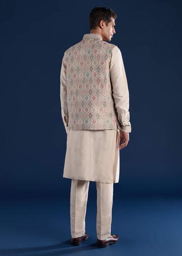 Beige Jacquard Silk Embroidered Jacket Kurta Set