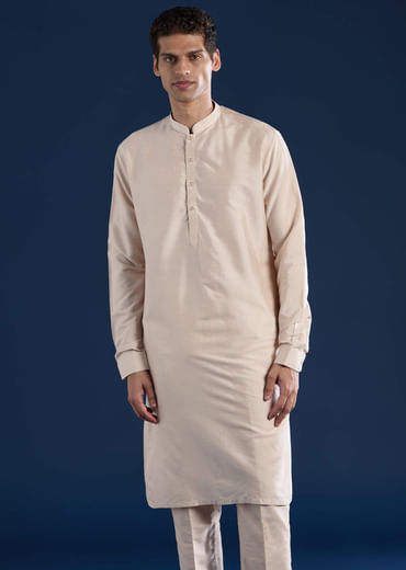 Beige Jacquard Silk Embroidered Jacket Kurta Set