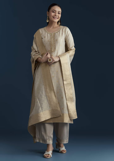 Beige Jacquard Weave Tissue Kurta Palazzo Set