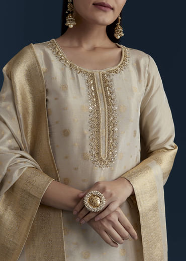 Beige Jacquard Weave Tissue Kurta Palazzo Set
