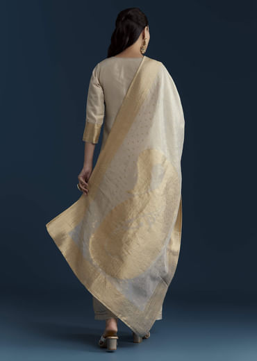 Beige Jacquard Weave Tissue Kurta Palazzo Set
