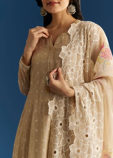 Beige Jamdani Butti Anarkali With Cutwork Dupatta