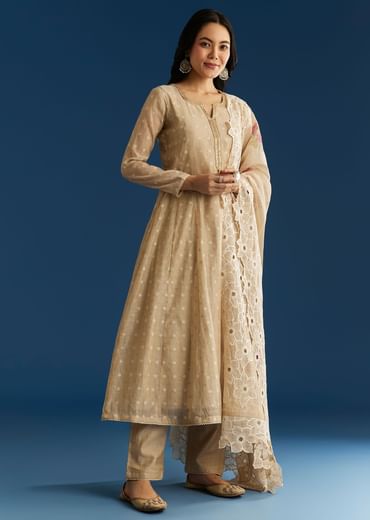 Beige Jamdani Butti Anarkali With Cutwork Dupatta