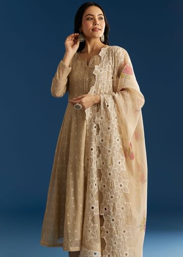 Beige Jamdani Butti Anarkali With Cutwork Dupatta