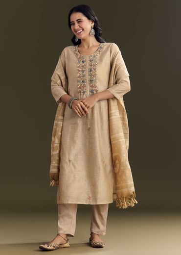 Beige Jamdani Cotton Kurta Pant Set With Zari Dupatta
