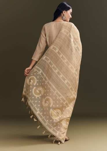 Beige Jamdani Cotton Kurta Pant Set With Zari Dupatta