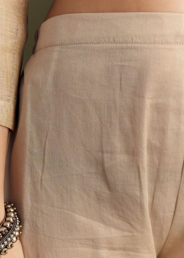 Beige Jamdani Cotton Kurta Pant Set With Zari Dupatta