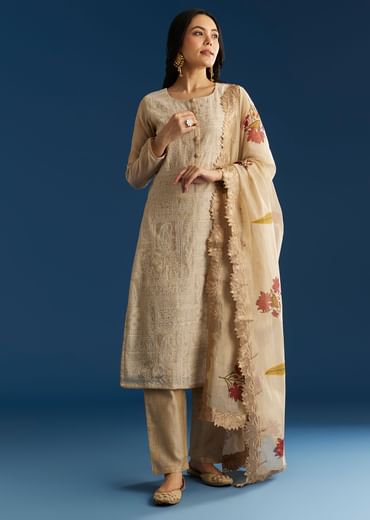 Beige Jamdani Cotton Kurta Set With Thread Work And Block Print Dupatta