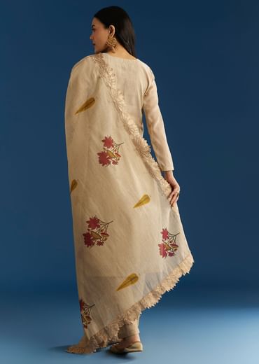 Beige Jamdani Cotton Kurta Set With Thread Work And Block Print Dupatta