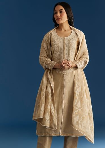 Beige Jamdani Kurta Set With Thread And Sequins Work