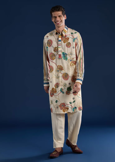 Beige Kalamkari Print Mens Kurta and Pant Set