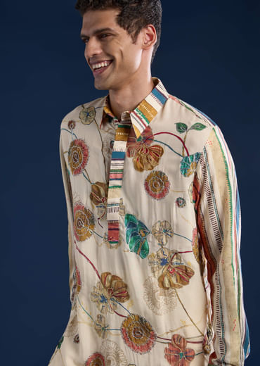 Beige Kalamkari Print Mens Kurta and Pant Set