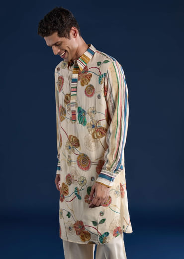 Beige Kalamkari Print Mens Kurta and Pant Set