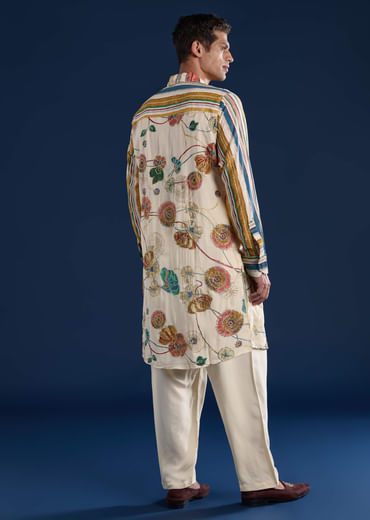 Beige Kalamkari Print Mens Kurta and Pant Set