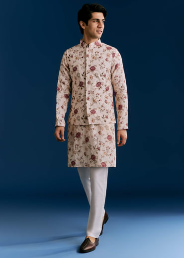 Beige Linen Kurta Jacket Set With Sequins And Thread Embroidery