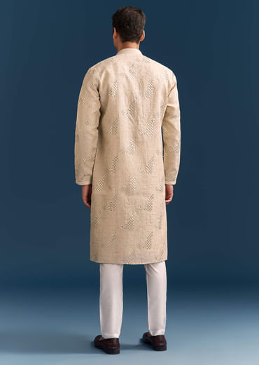 Beige Linen Kurta Set For Men With Mirror Embroidery