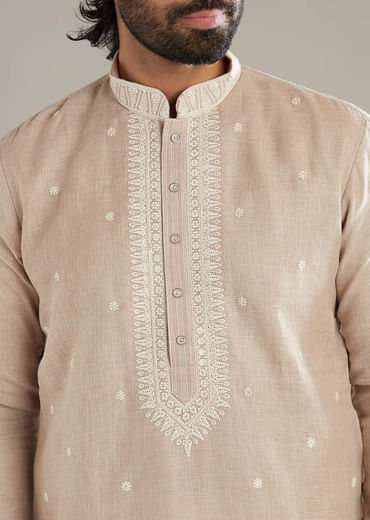 Beige Linen Kurta Set For Men With Resham Hand Work