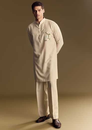 Beige Linen Kurta Set With Delicate Hand Embroidery