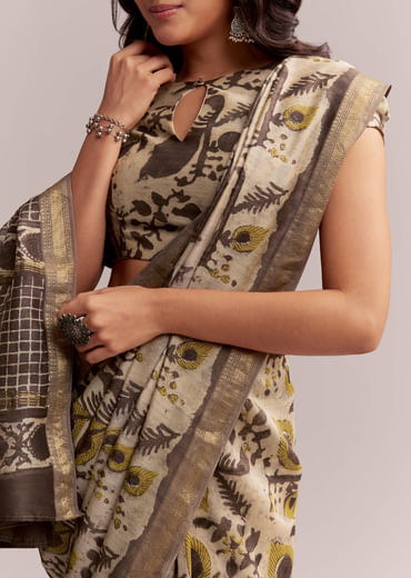 Beige Linen Printed Saree With Hand Block Ajrakh Print