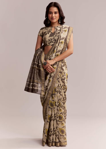 Beige Linen Printed Saree With Hand Block Ajrakh Print