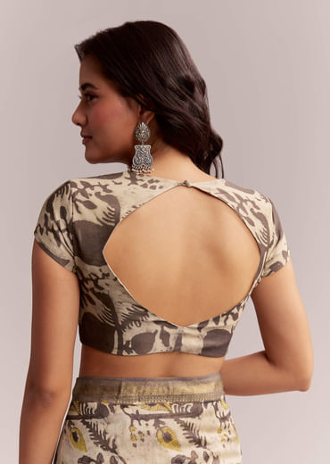 Beige Linen Printed Saree With Hand Block Ajrakh Print