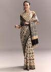 Beige Linen Saree With Black Hand Block Ajrakh Floral Print
