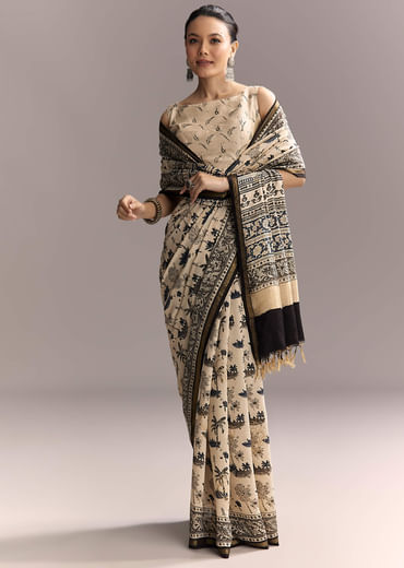 Beige Linen Saree With Black Hand Block Ajrakh Floral Print