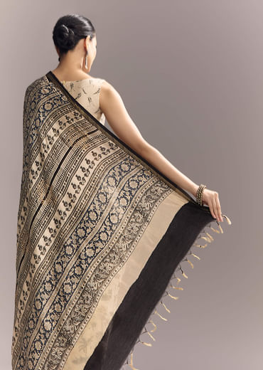 Beige Linen Saree With Black Hand Block Ajrakh Floral Print