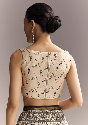 Beige Linen Saree With Black Hand Block Ajrakh Floral Print