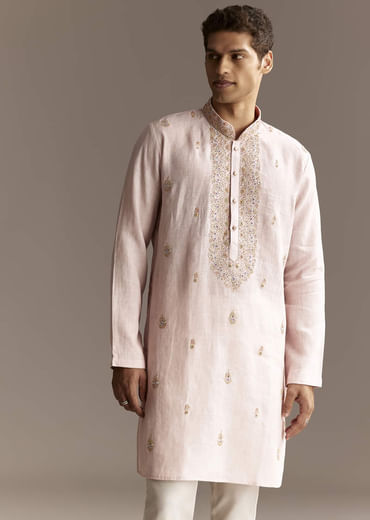 Beige Linen Thread Embroidered Kurta Set