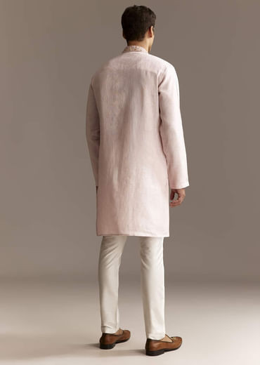 Beige Linen Thread Embroidered Kurta Set