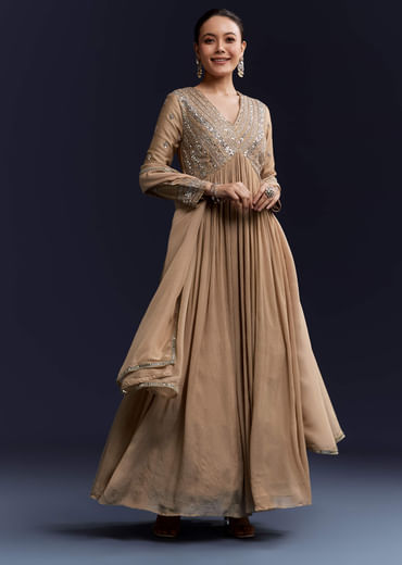 Beige Mirror Work Chinnon Anarkali with Dupatta