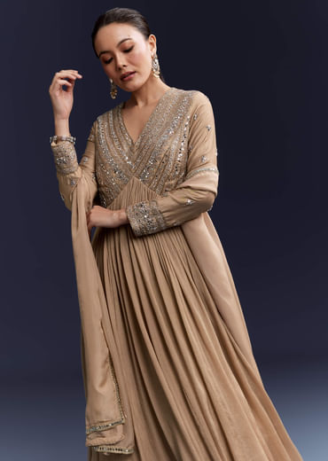 Beige Mirror Work Chinnon Anarkali with Dupatta