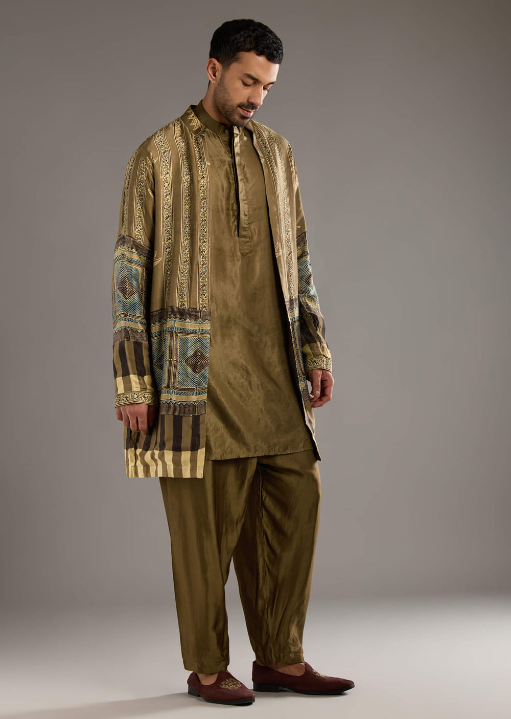 Beige Modal Linen Kurta Jacket Set For Men With Hand Block Ajrakh Print