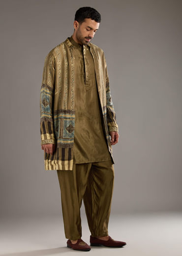 Beige Modal Linen Kurta Jacket Set For Men With Hand Block Ajrakh Print Beige Modal Linen Kurta Jacket Set For Men With Hand Block Ajrakh Print