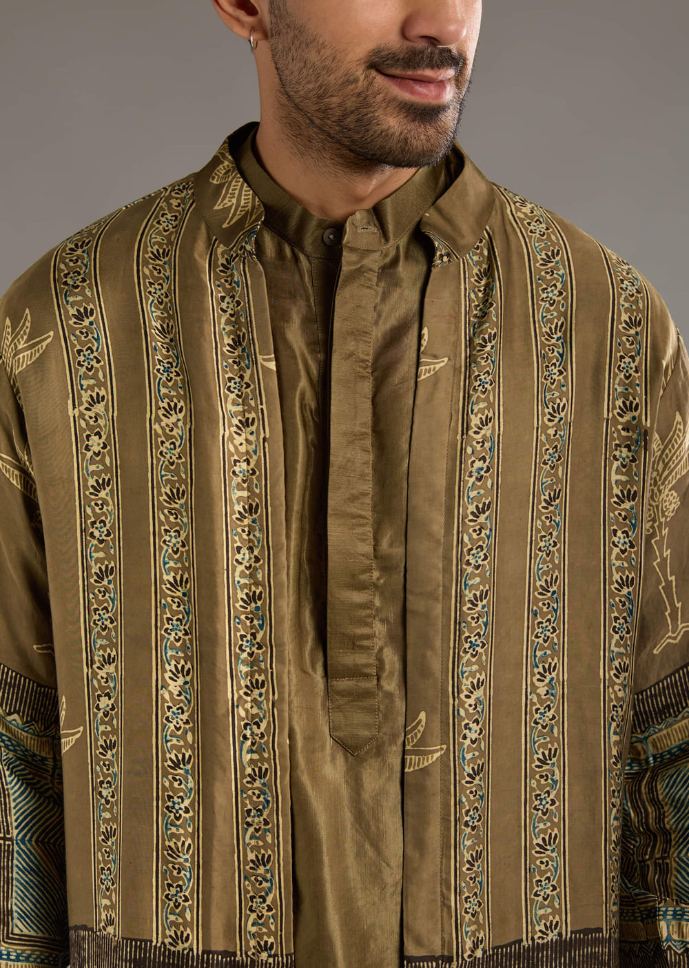 Beige Modal Linen Kurta Jacket Set For Men With Hand Block Ajrakh Print