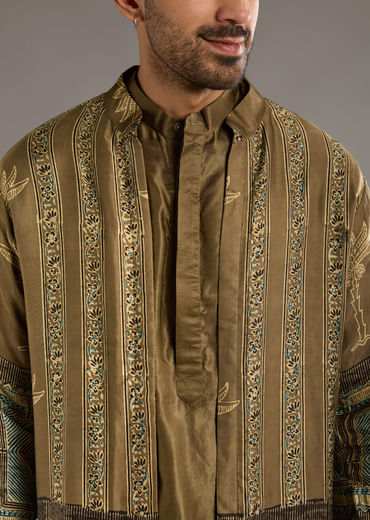 Beige Modal Linen Kurta Jacket Set For Men With Hand Block Ajrakh Print Beige Modal Linen Kurta Jacket Set For Men With Hand Block Ajrakh Print