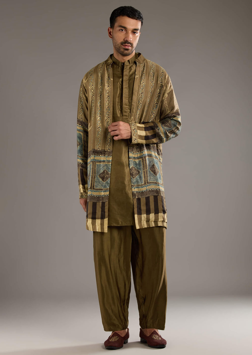 Beige Modal Linen Kurta Jacket Set For Men With Hand Block Ajrakh Print
