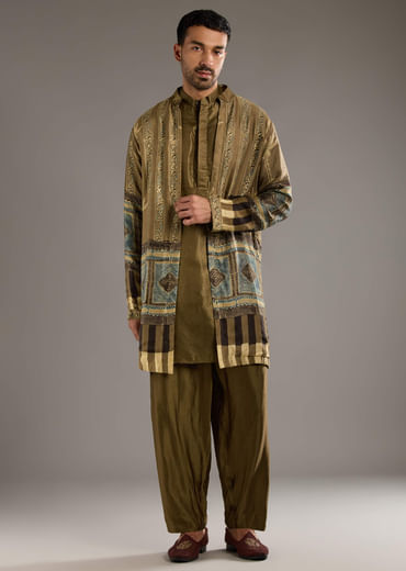Beige Modal Linen Kurta Jacket Set For Men With Hand Block Ajrakh Print Beige Modal Linen Kurta Jacket Set For Men With Hand Block Ajrakh Print