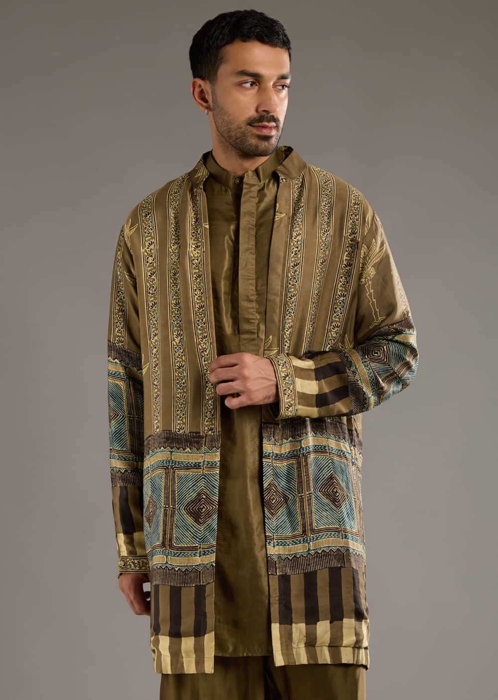 Beige Modal Linen Kurta Jacket Set For Men With Hand Block Ajrakh Print