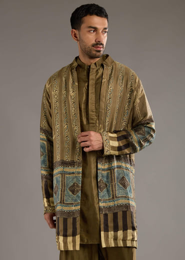 Beige Modal Linen Kurta Jacket Set For Men With Hand Block Ajrakh Print Beige Modal Linen Kurta Jacket Set For Men With Hand Block Ajrakh Print