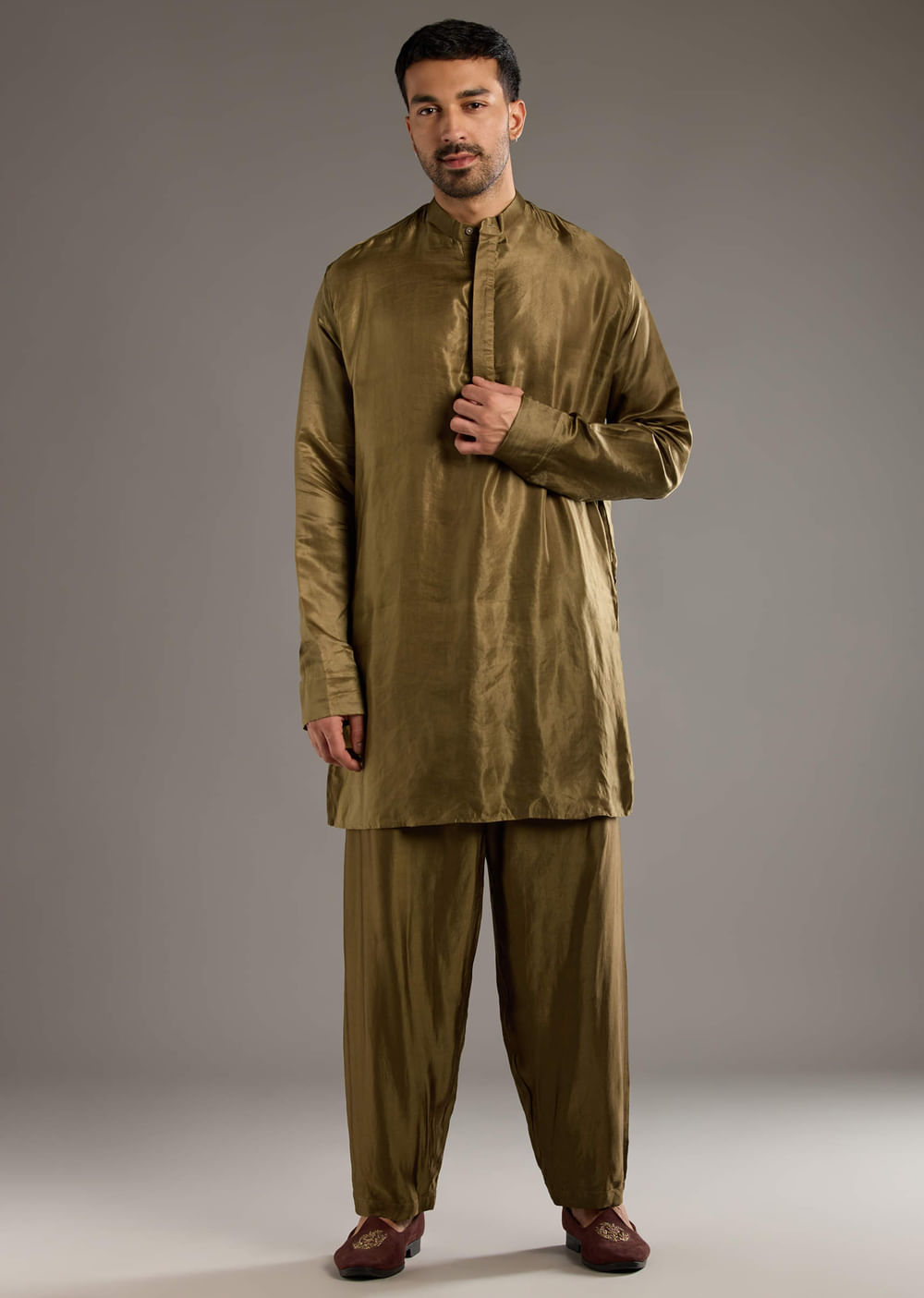 Beige Modal Linen Kurta Jacket Set For Men With Hand Block Ajrakh Print